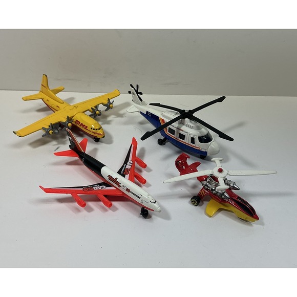 Matchbox Lot of 4 DHL Transport MBX Cargo Airplane Police Rescue Helicopter Toy